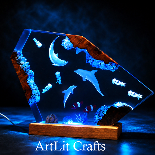 Dolphin Family Ocean Epoxy Resin Lamp – Handmade LED Night Light