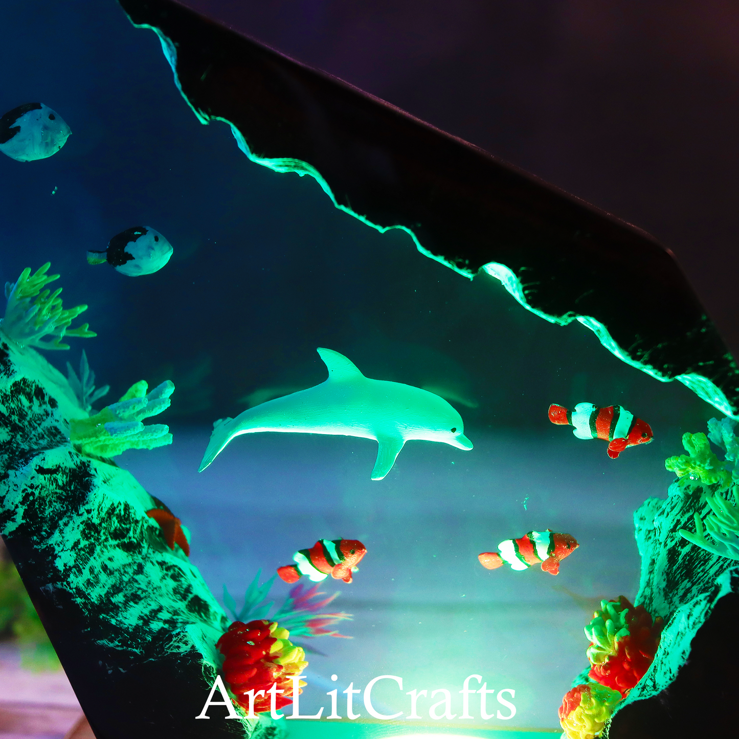 close up dolphin coral reef epoxy resin lamp detail