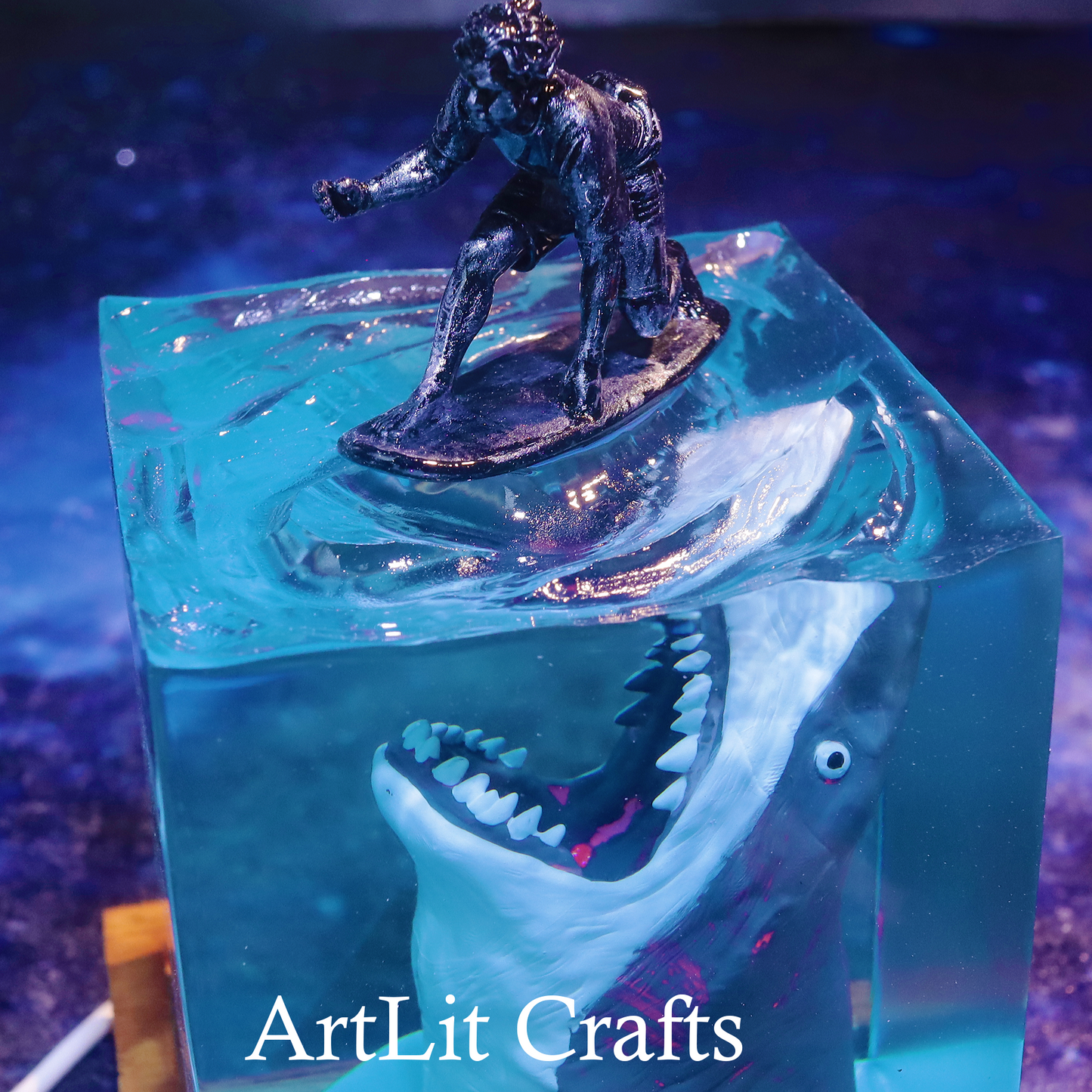 close up surfer and shark epoxy resin lamp detail