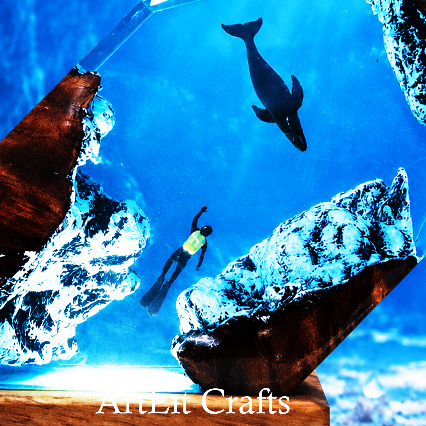 close up whale diver epoxy resin lamp detail inside a clear container labeled 'ArtLit Crafts'.