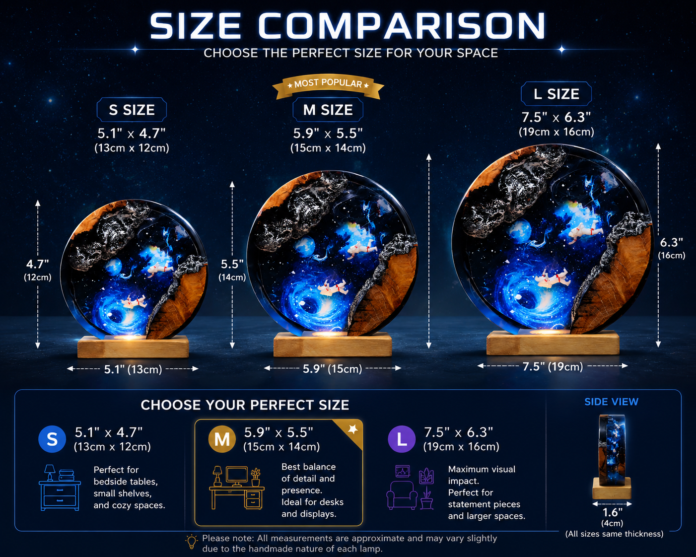 Size comparison chart for decorative globes with dimensions and space suggestions.