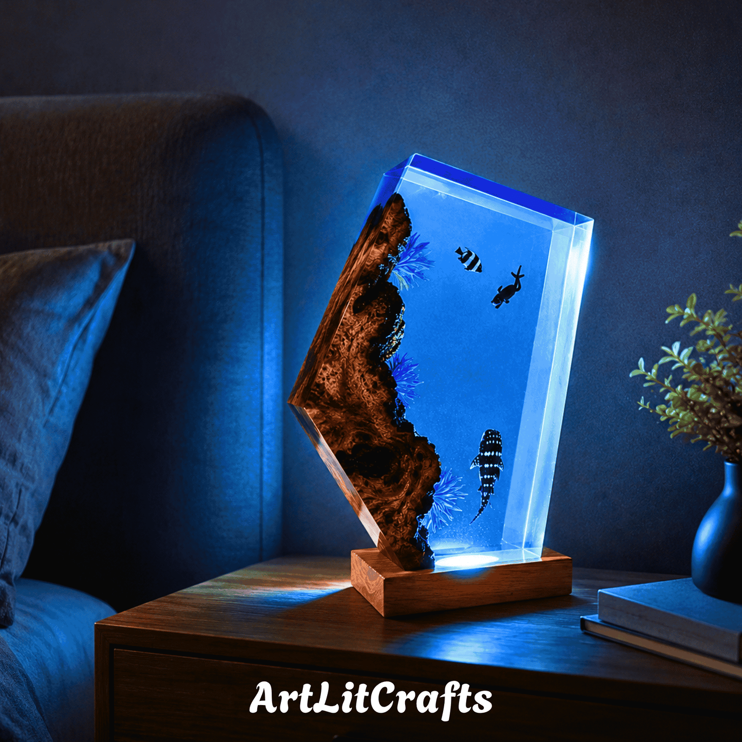 reef diver resin lamp used as bedside table decor