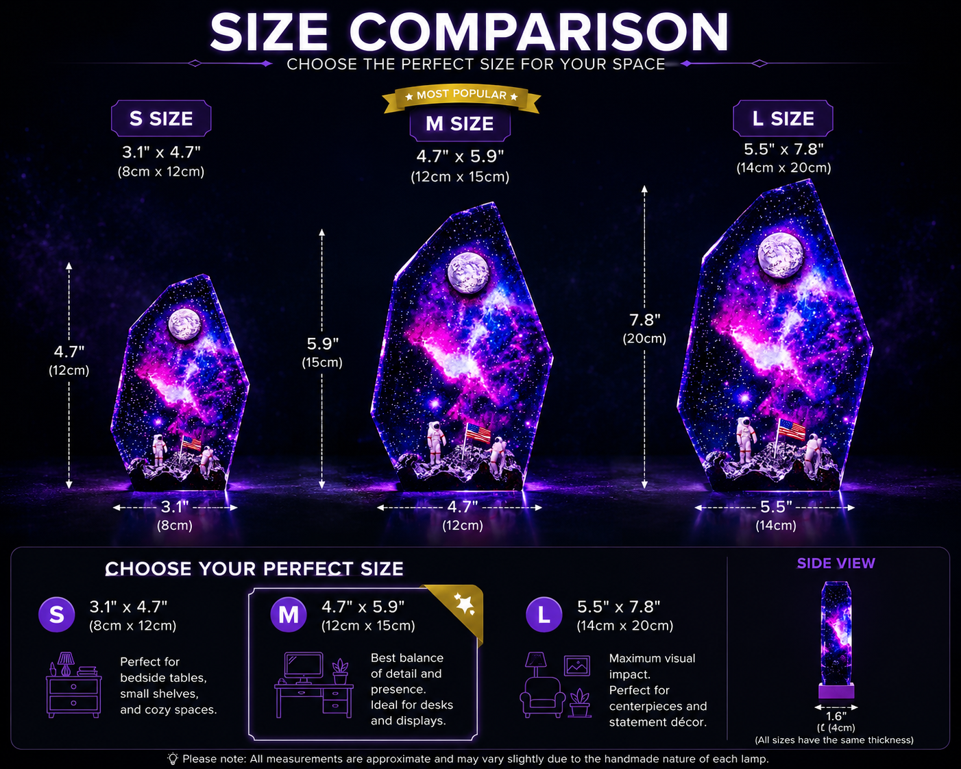 Space-themed LED lamp with lunar surface scene size comparison chart for decorative items with dimensions and space recommendations.