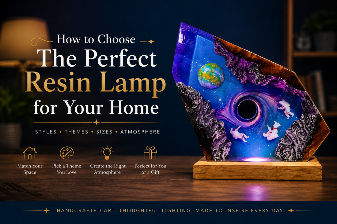 Collection of handcrafted ocean, animal, and space themed epoxy resin lamps displayed together as examples of different home decor styles.