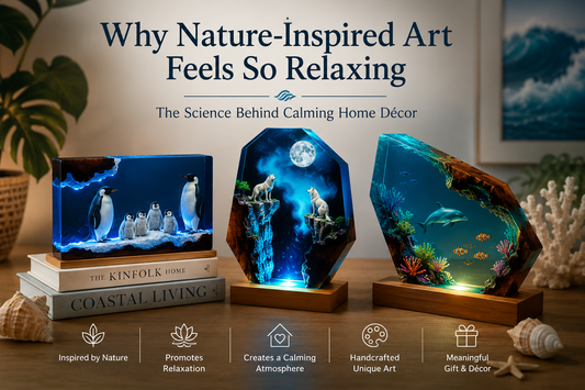 Nature-inspired handmade resin lamps featuring ocean life, wildlife, and calming ambient lighting in a cozy home décor setting.