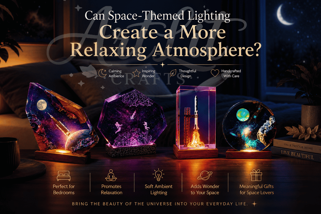 Handcrafted galaxy and space-themed epoxy resin lamps featuring astronauts, planets, rockets, and moonlit scenes creating a relaxing ambient atmosphere for home décor.