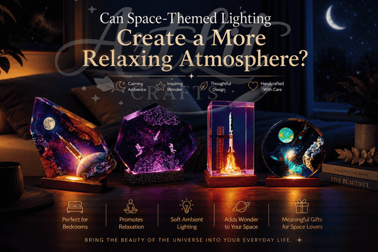 Handcrafted galaxy and space-themed epoxy resin lamps featuring astronauts, planets, rockets, and moonlit scenes creating a relaxing ambient atmosphere for home décor.