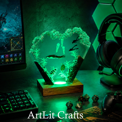 Deep Sea Squid & Diver Resin Lamp – Handmade Ocean LED Night Light