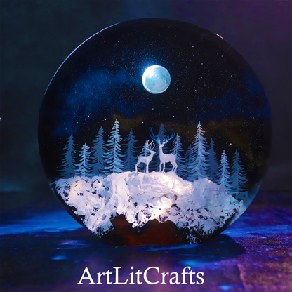 Moonlit Deer Forest Resin Lamp – Handmade LED Night Light