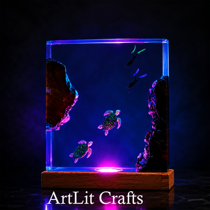 Ocean Turtle & Diver Resin Lamp – Minimalist LED Night Light