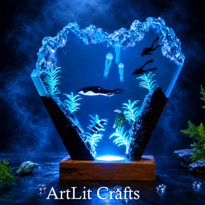 Deep Sea Squid & Diver Resin Lamp – Handmade Ocean LED Night Light