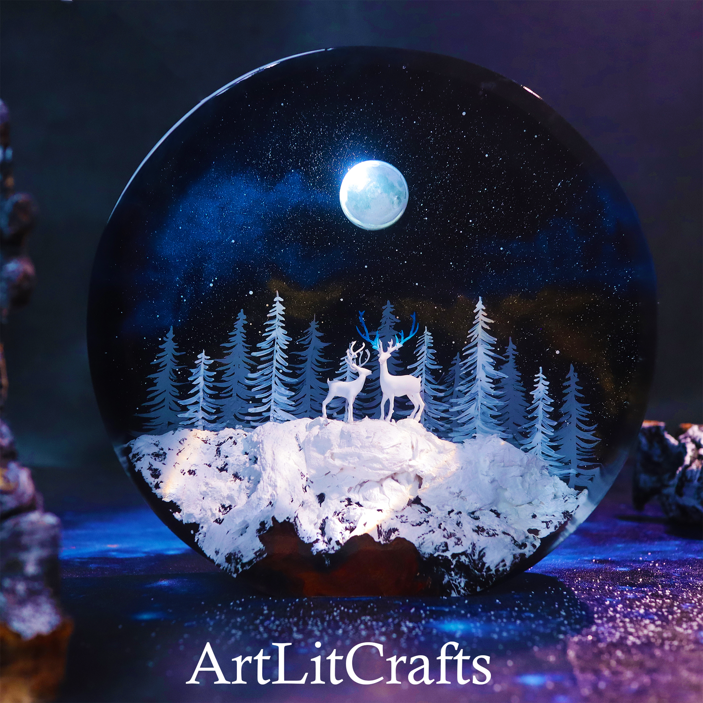 Moonlit Deer Forest Resin Lamp – Handmade LED Night Light