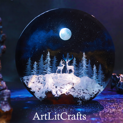 Moonlit Deer Forest Resin Lamp – Handmade LED Night Light