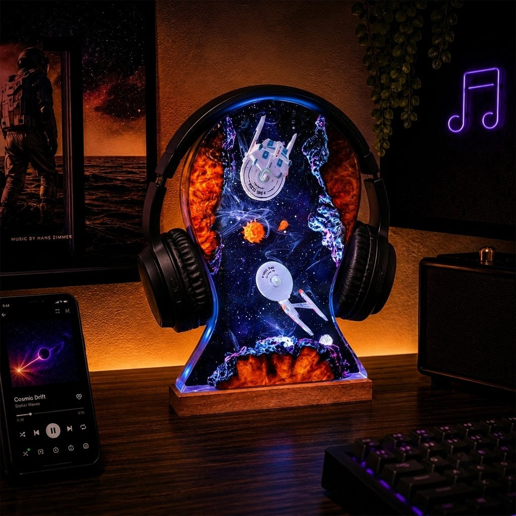 A headphone-shaped LED night light on a wooden desk, featuring a space design with the USS Enterprise and colorful nebulae. The light is shown illuminated in a gaming setup alongside a smartphone, keyboard, and speaker.