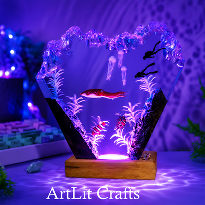 Deep Sea Squid & Diver Resin Lamp – Handmade Ocean LED Night Light