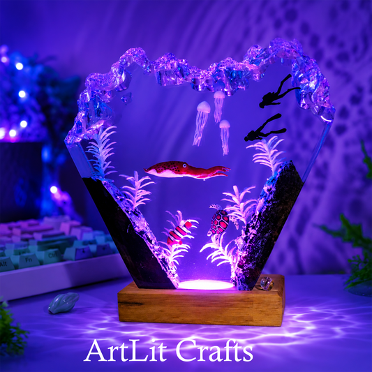 Deep Sea Squid & Diver Resin Lamp – Handmade Ocean LED Night Light