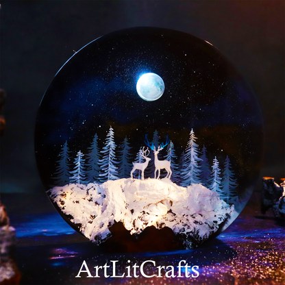 Moonlit Deer Forest Resin Lamp – Handmade LED Night Light