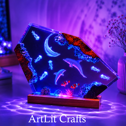 Dolphin Family Ocean Epoxy Resin Lamp – Handmade LED Night Light