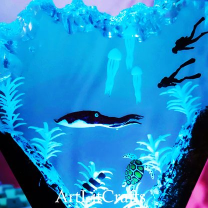 Deep Sea Squid & Diver Resin Lamp – Handmade Ocean LED Night Light