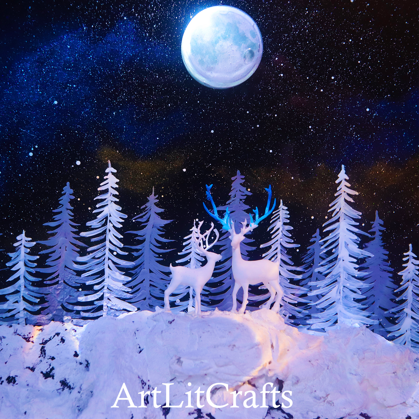 Moonlit Deer Forest Resin Lamp – Handmade LED Night Light