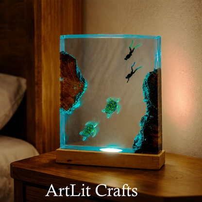 Ocean Turtle & Diver Resin Lamp – Minimalist LED Night Light