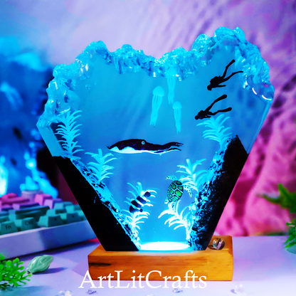 Deep Sea Squid & Diver Resin Lamp – Handmade Ocean LED Night Light