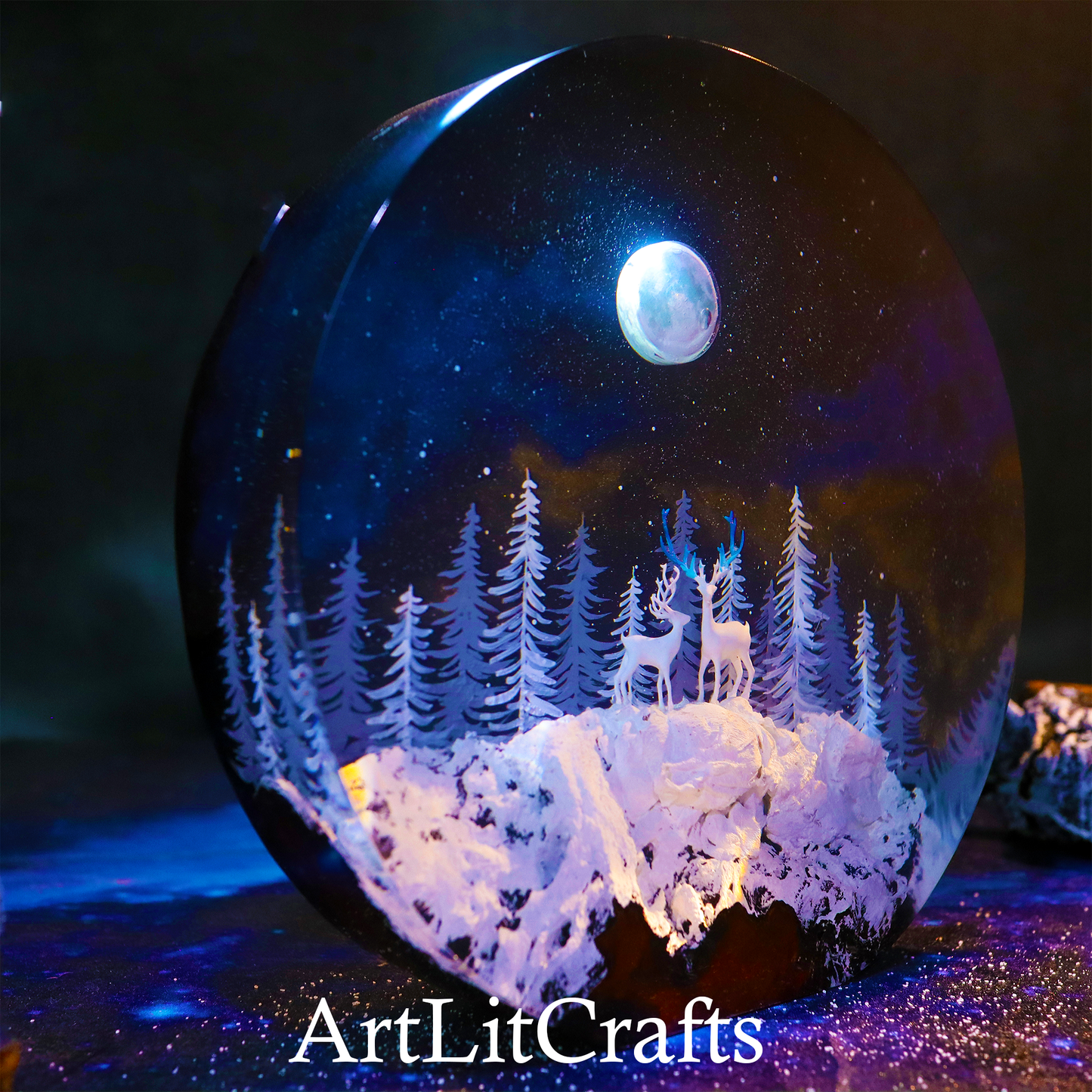 Moonlit Deer Forest Resin Lamp – Handmade LED Night Light