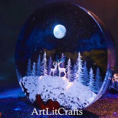 Moonlit Deer Forest Resin Lamp – Handmade LED Night Light