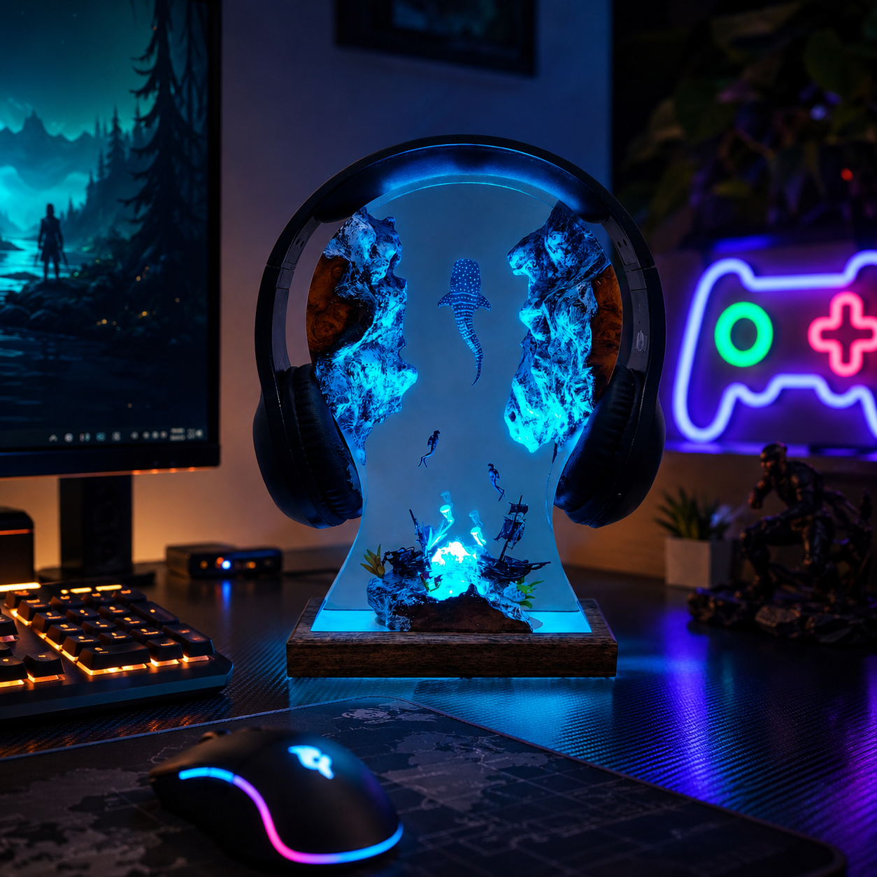 Whale Shark & Divers Headphone Stand Resin Lamp