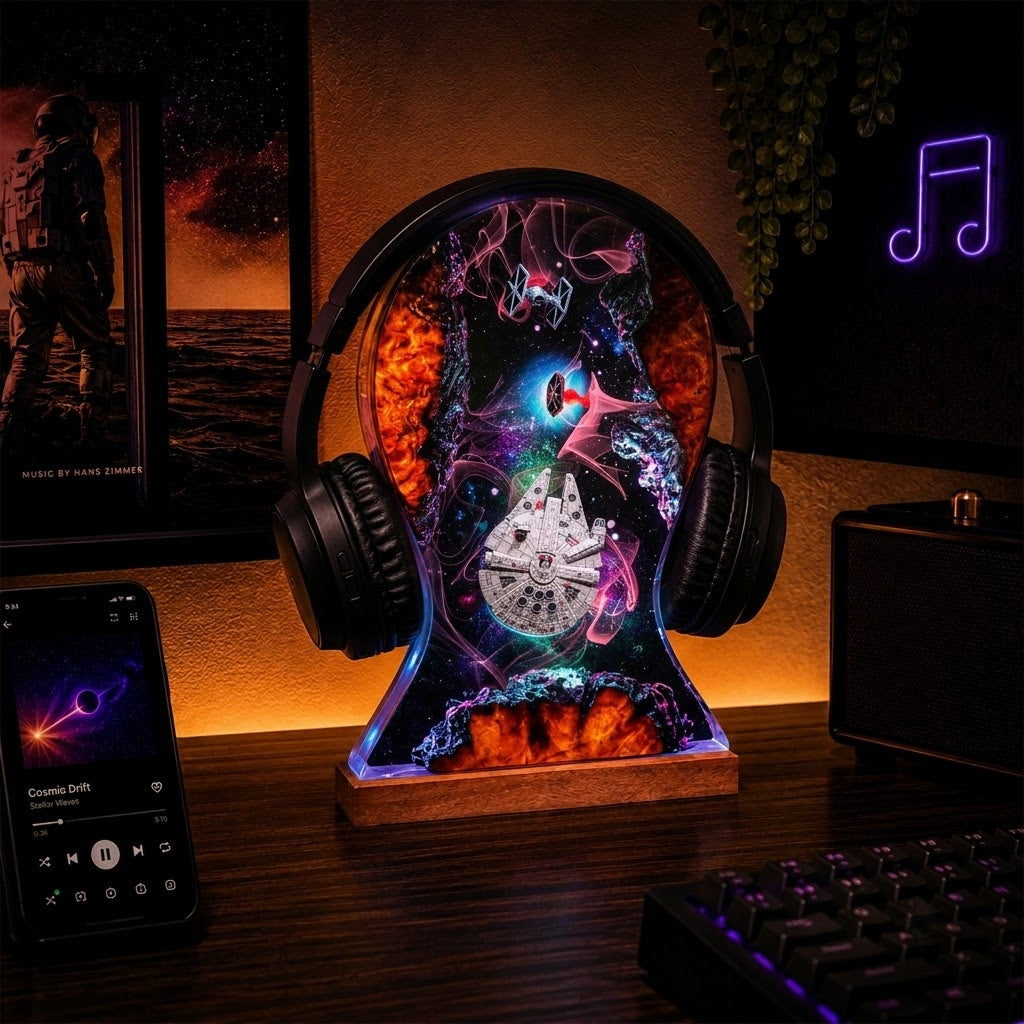 A headphone-shaped LED night light on a wooden desk, featuring a colorful space design with a Millennium Falcon and a pink character, shown in a styled home office setting with a keyboard, phone, and speaker.