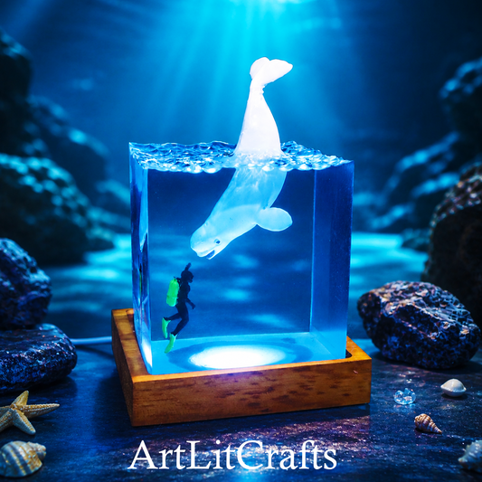 handmade beluga whale resin lamp with diver underwater scene
