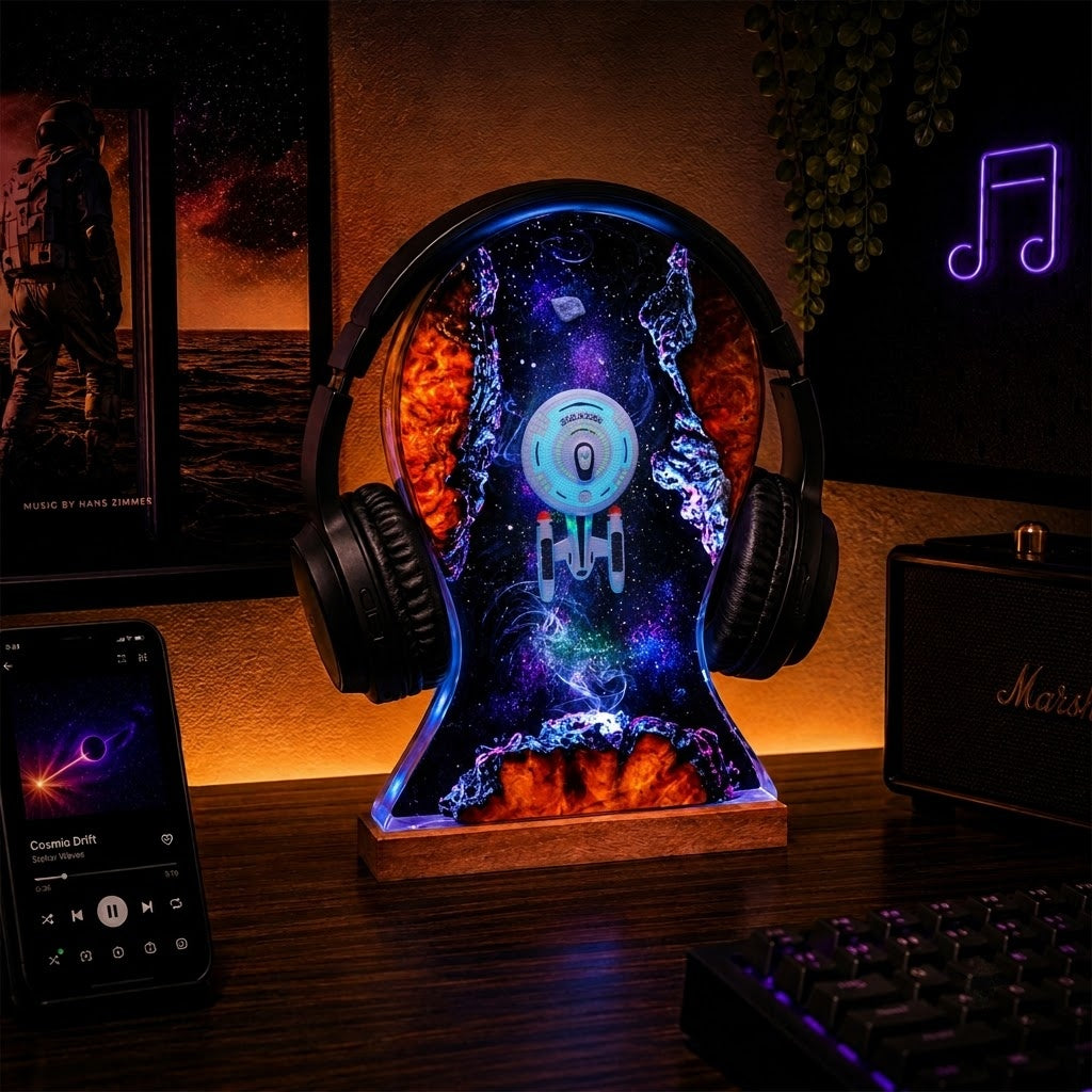 A headphone-shaped LED light stand on a wooden base, filled with a colorful galaxy and nebula design, shown on a desk with headphones resting inside it. The scene includes a smartphone, keyboard, framed poster, and a Marshall speaker in a dimly lit room.