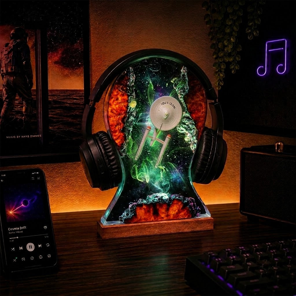 A headphone-shaped LED night light on a wooden desk, featuring a colorful space design with a white spaceship and glowing green nebula effects. The desk setup includes a smartphone, keyboard, and speaker in a dimly lit room.