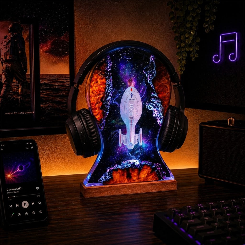 A decorative headphone-shaped night light sits on a desk, showing a white spaceship inside a colorful galaxy design with orange and blue lighting. Over-ear headphones form the top of the lamp, and the base is a wooden stand.