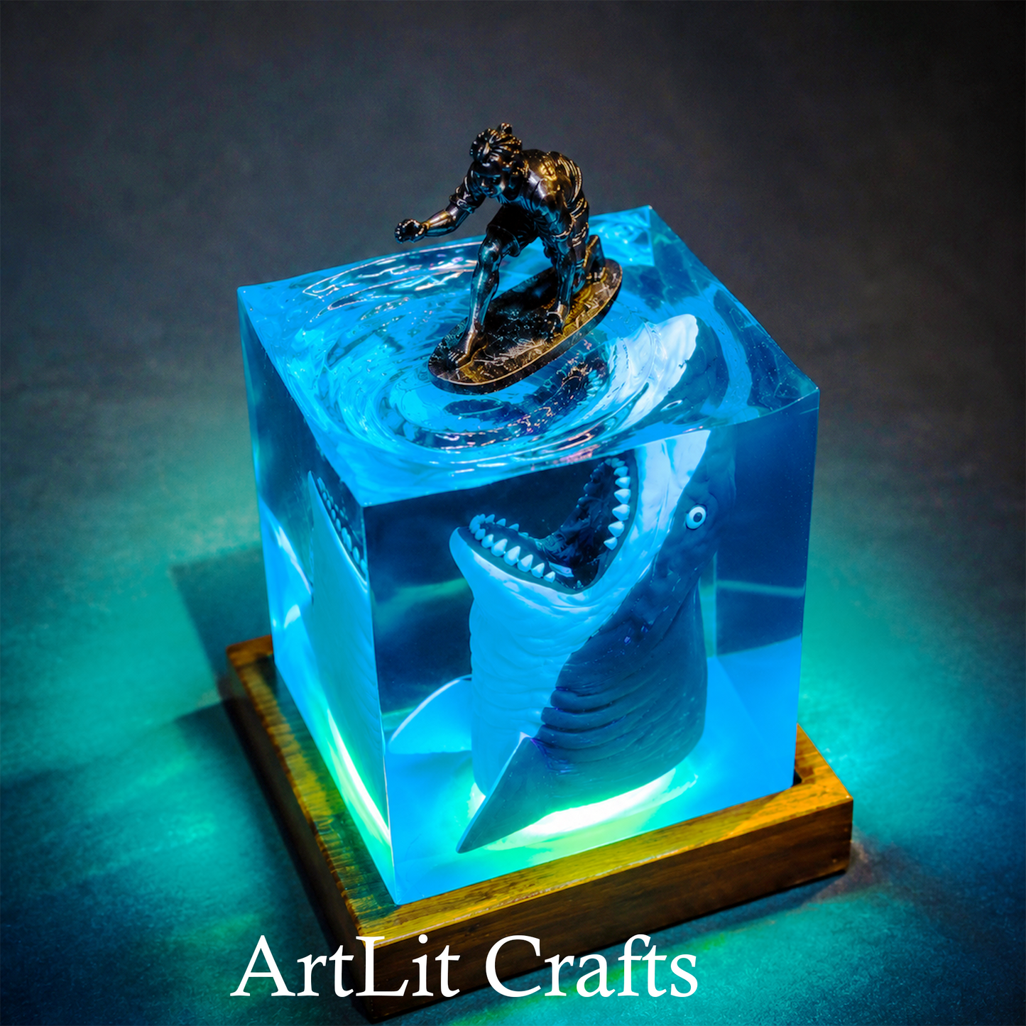 surfer shark resin lamp displayed in coastal home decor