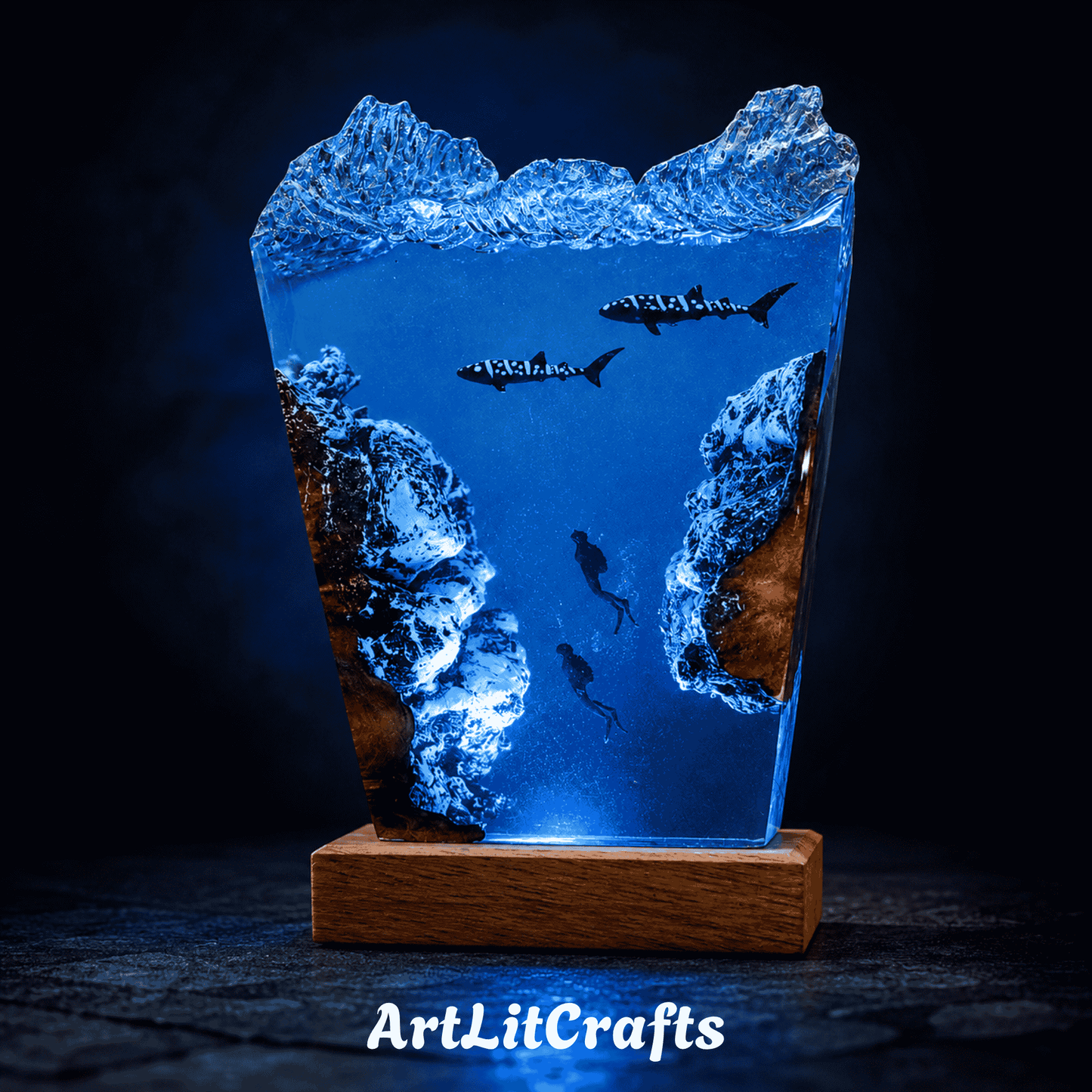 Deep sea epoxy resin lamp featuring whale sharks and underwater adventure scene