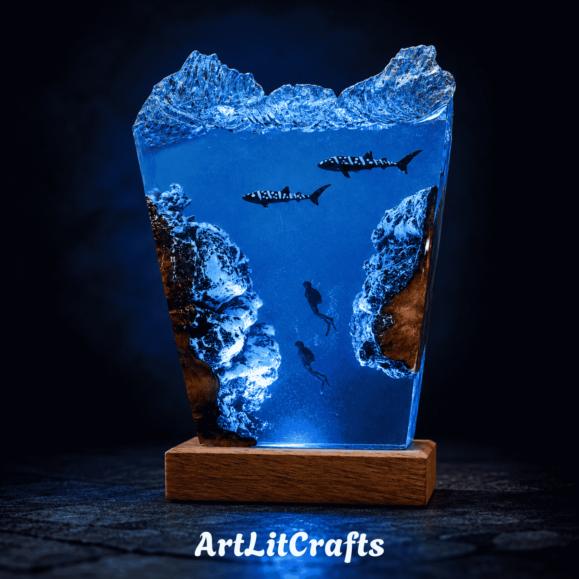 Deep sea epoxy resin lamp featuring whale sharks and underwater adventure scene