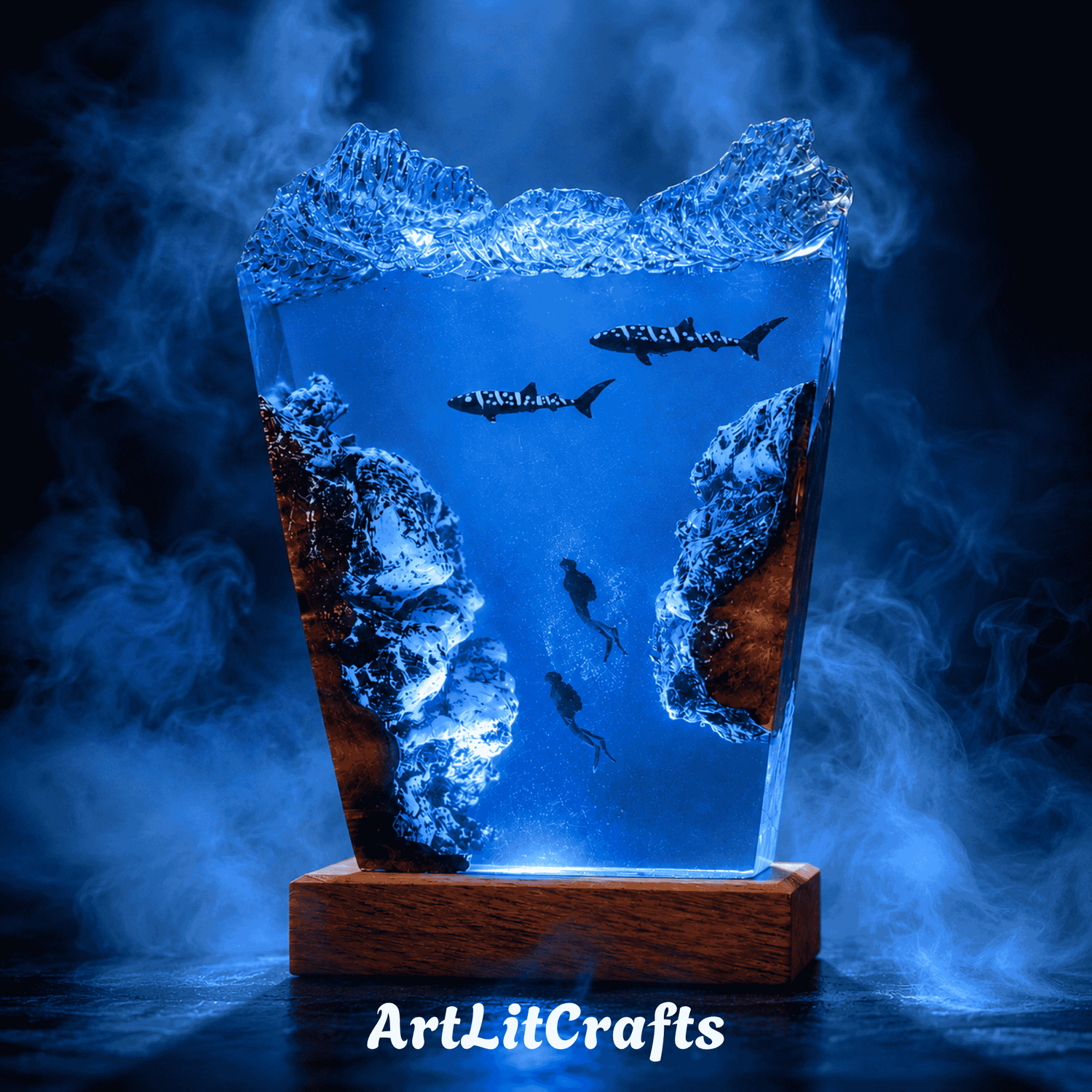Handmade whale shark resin lamp with divers exploring a deep ocean canyon