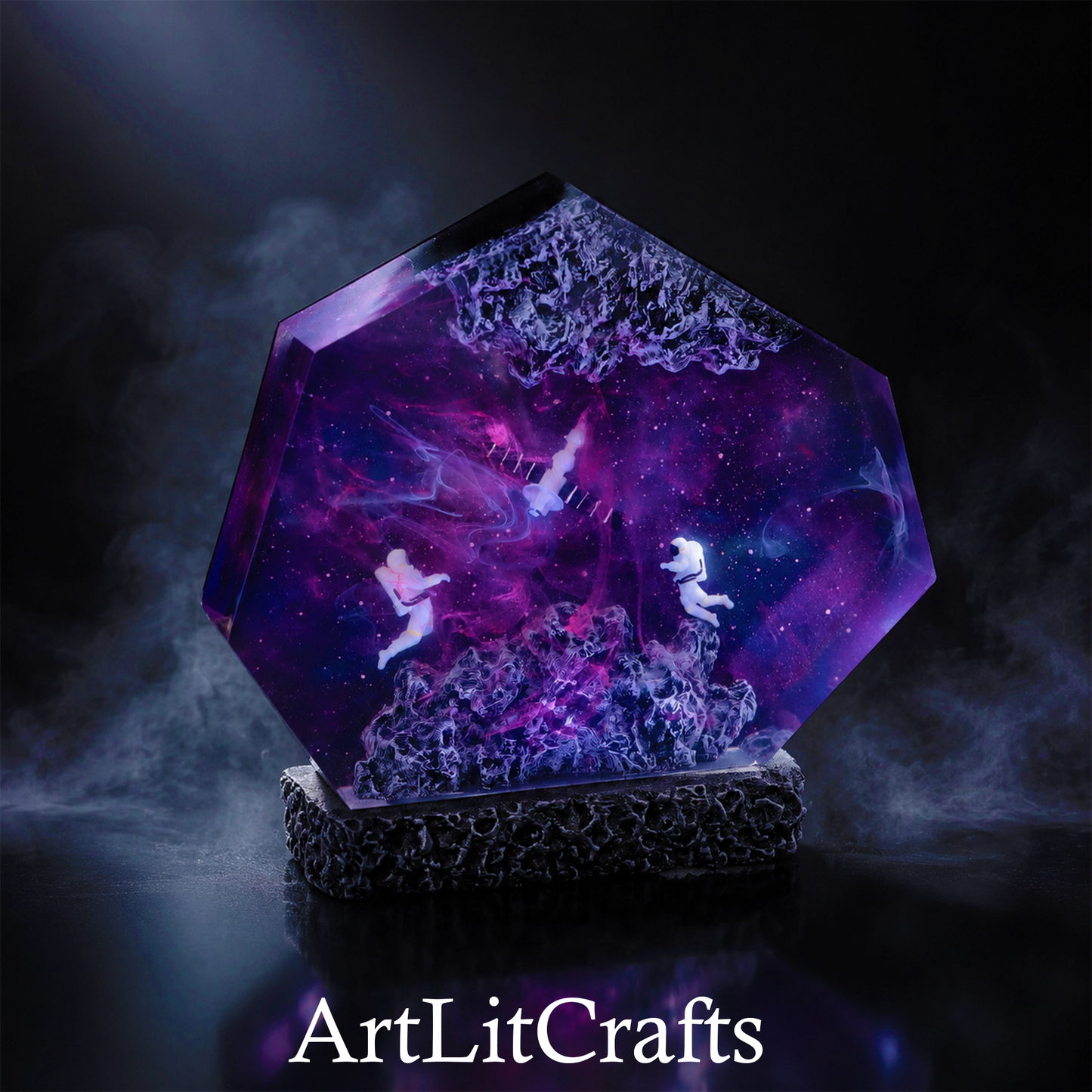 astronaut resin lamp floating in purple nebula scene