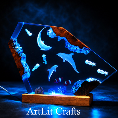 Dolphin Family Ocean Epoxy Resin Lamp – Handmade LED Night Light