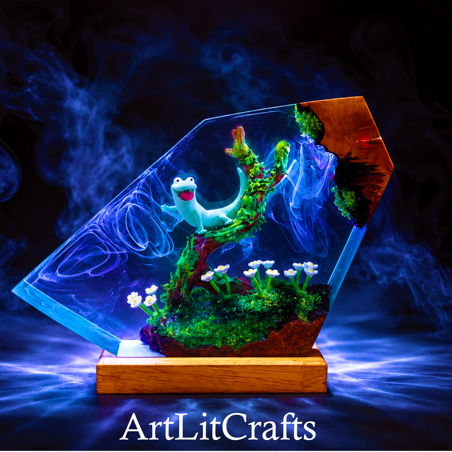 Glowing decorative piece with a  cute cartoon lizard and plants, featuring the brand 'ArtLitCrafts'.