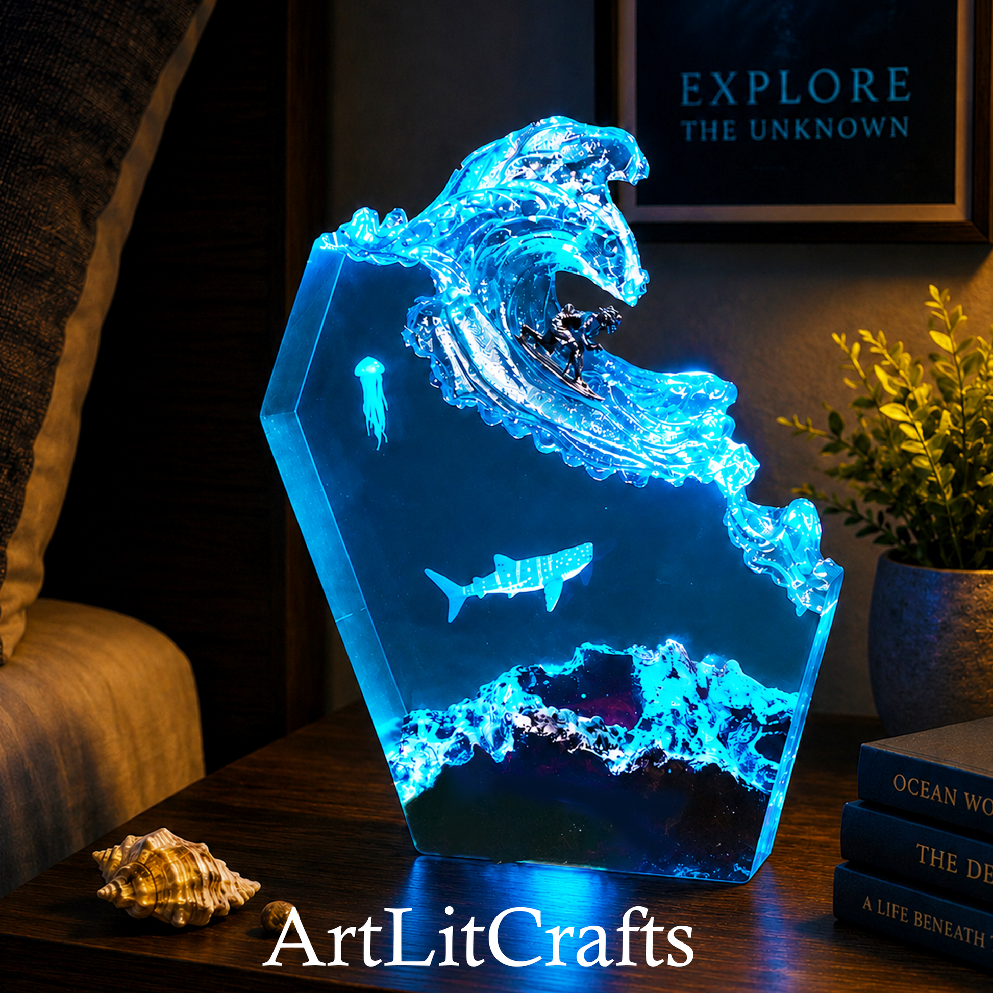 coastal themed resin lamp for home decoration with 'ArtLitCrafts' branding.
