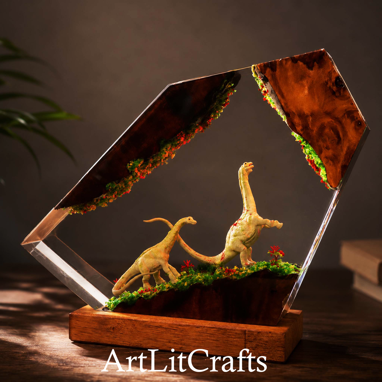 Alt Tag:
dinosaur resin lamp used as bedside room decor, branded by ArtLit Crafts