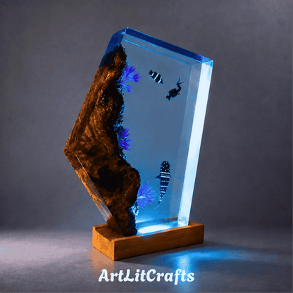 diver and tropical fish epoxy resin lamp front view