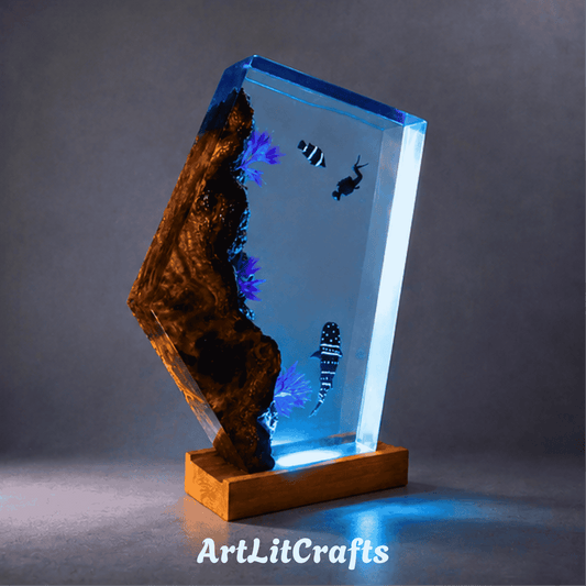 diver and tropical fish epoxy resin lamp front view
