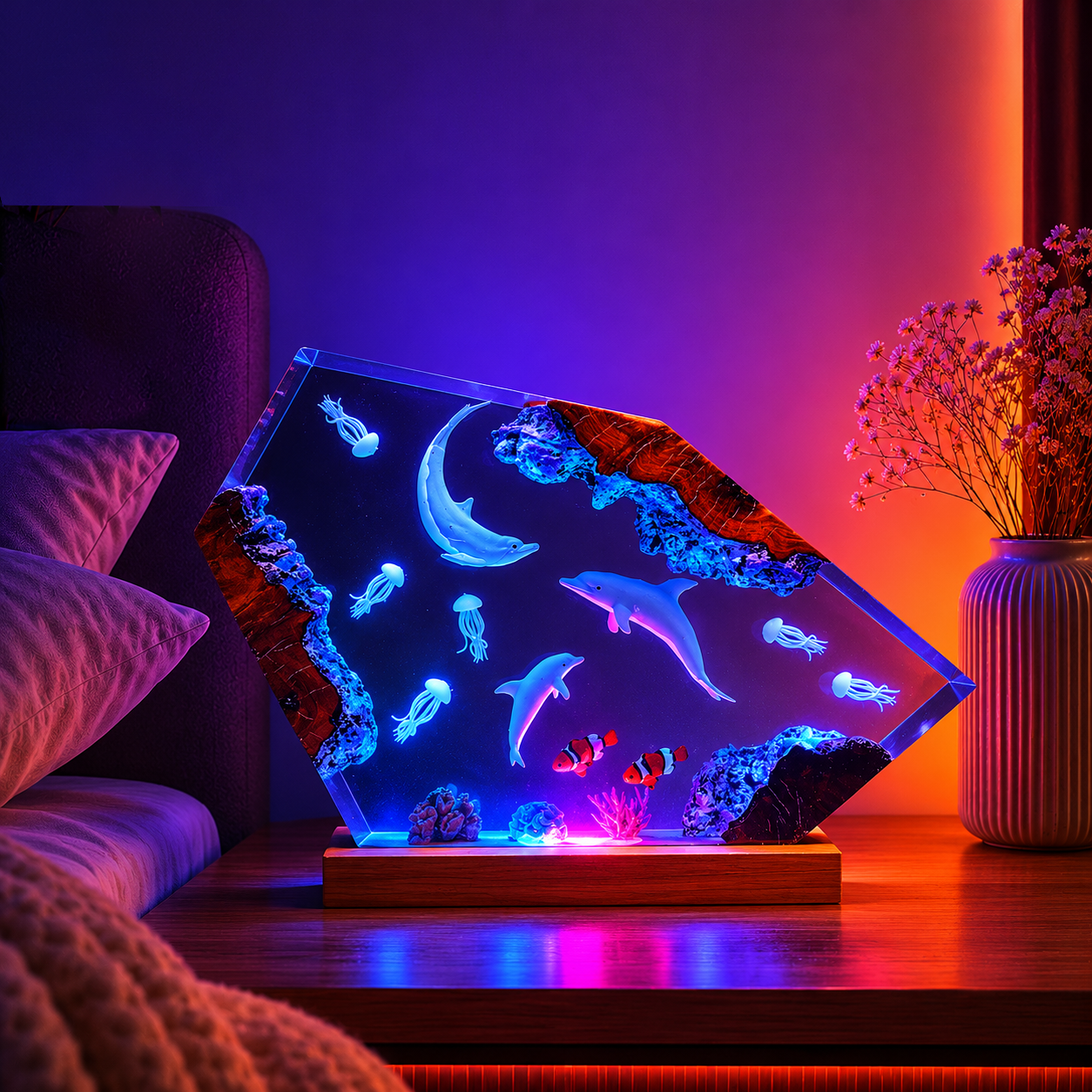 Underwater dolphin epoxy resin art lamp for bedroom and desk decor