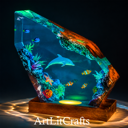 handmade dolphin reef resin lamp with tropical fish scene, illuminated by a warm light.