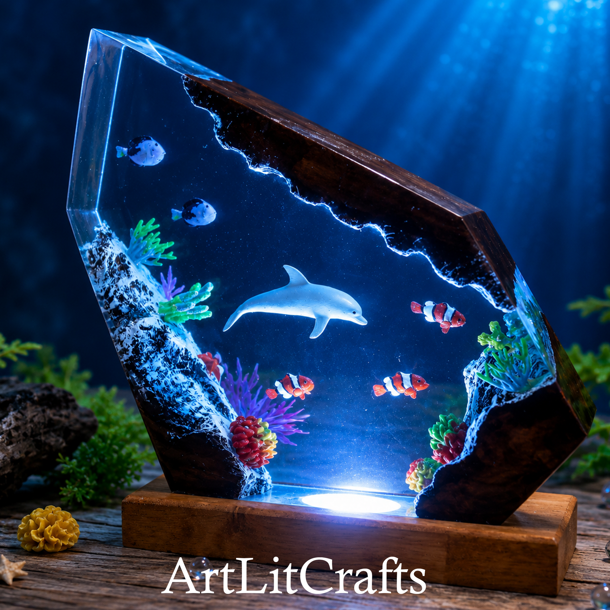 dolphin epoxy resin lamp front view ocean decor
