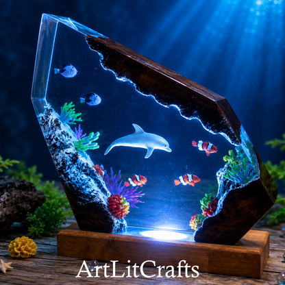 dolphin epoxy resin lamp front view ocean decor