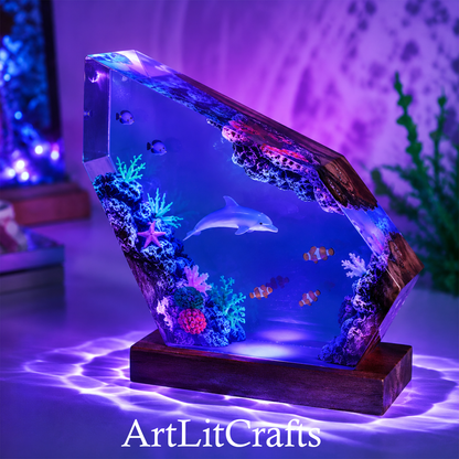 Dolphin resin lamp purple ocean ambient lighting and 'ArtLitCrafts' branding